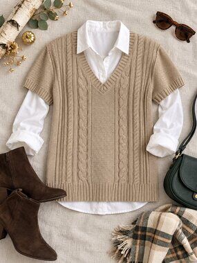 Mountain Lake sweater short sleeves beige SZ L cable knit V neck